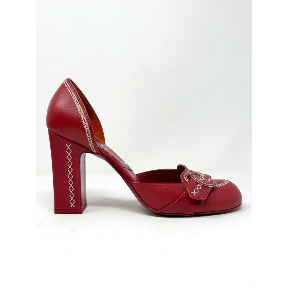 Dior Spring 2005 Red Leather Whipstitch CD Buckle dOrsay Block Heels 41 - Picture 4 of 12